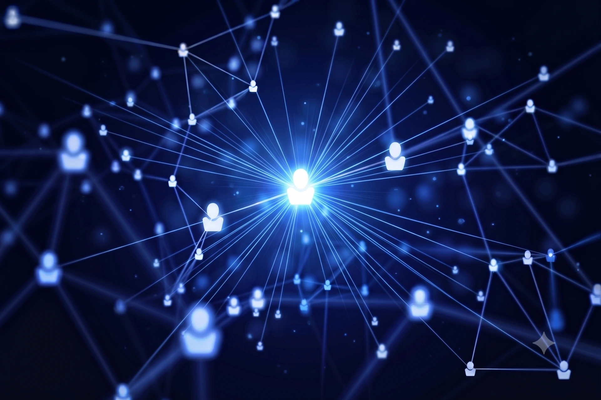 Centrale figuur met stralende verbindingen naar een netwerk van ondernemers, symbool voor connectiviteit