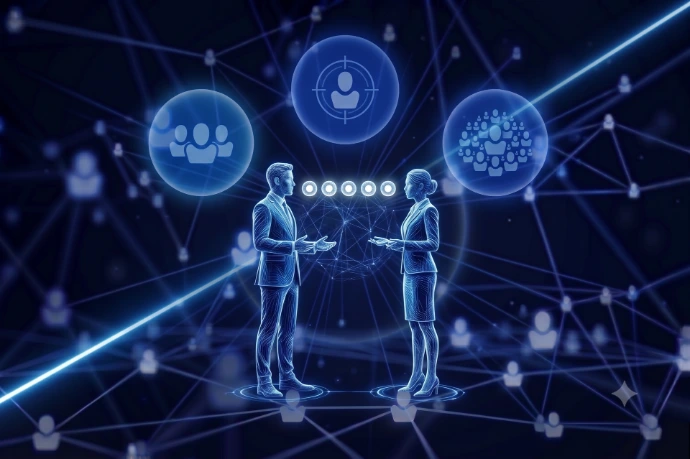 Twee ondernemers in gesprek met vijf lichtbollen ertussen, symbool voor de INSGA-gespreksstructuur
